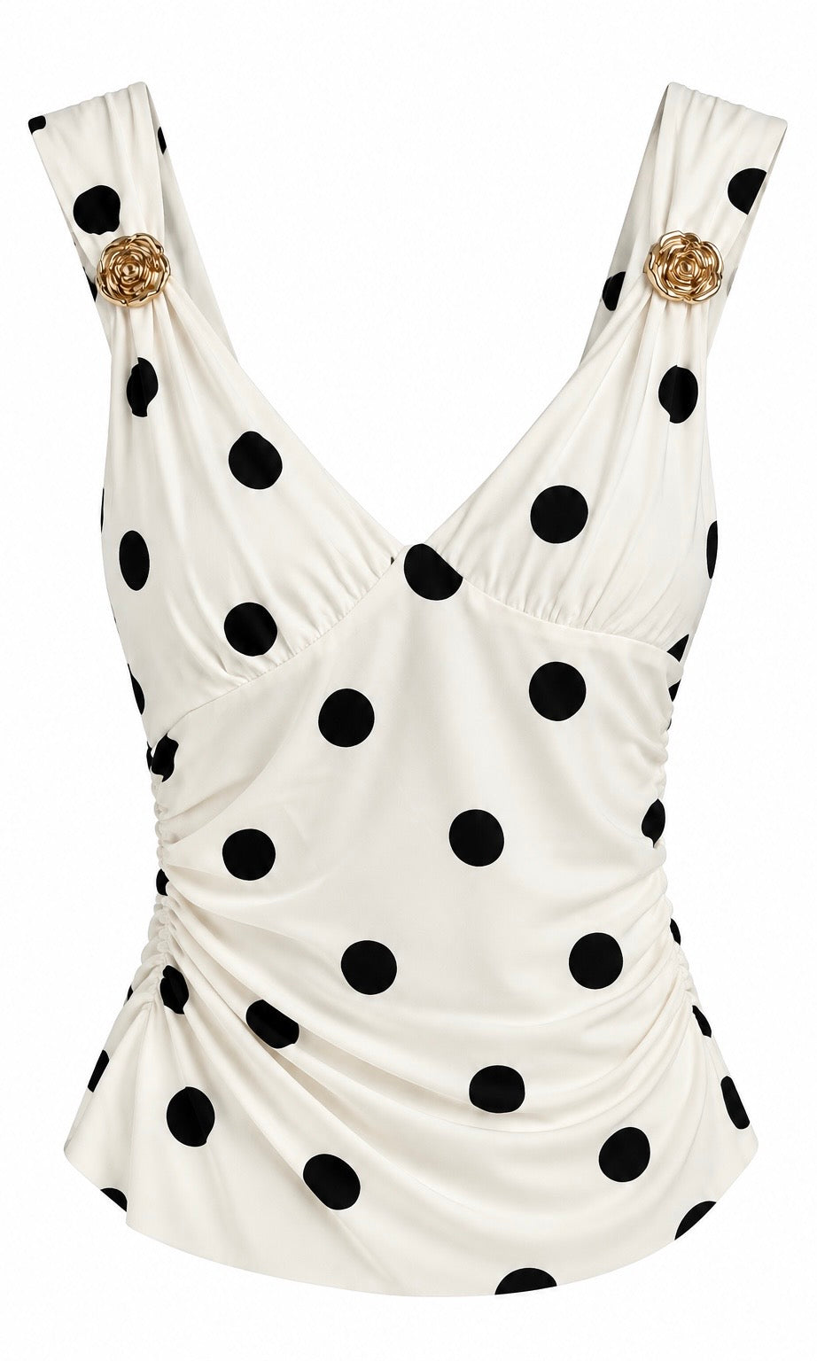 Polka Dot Ruched Top with Cross-Over Neckline