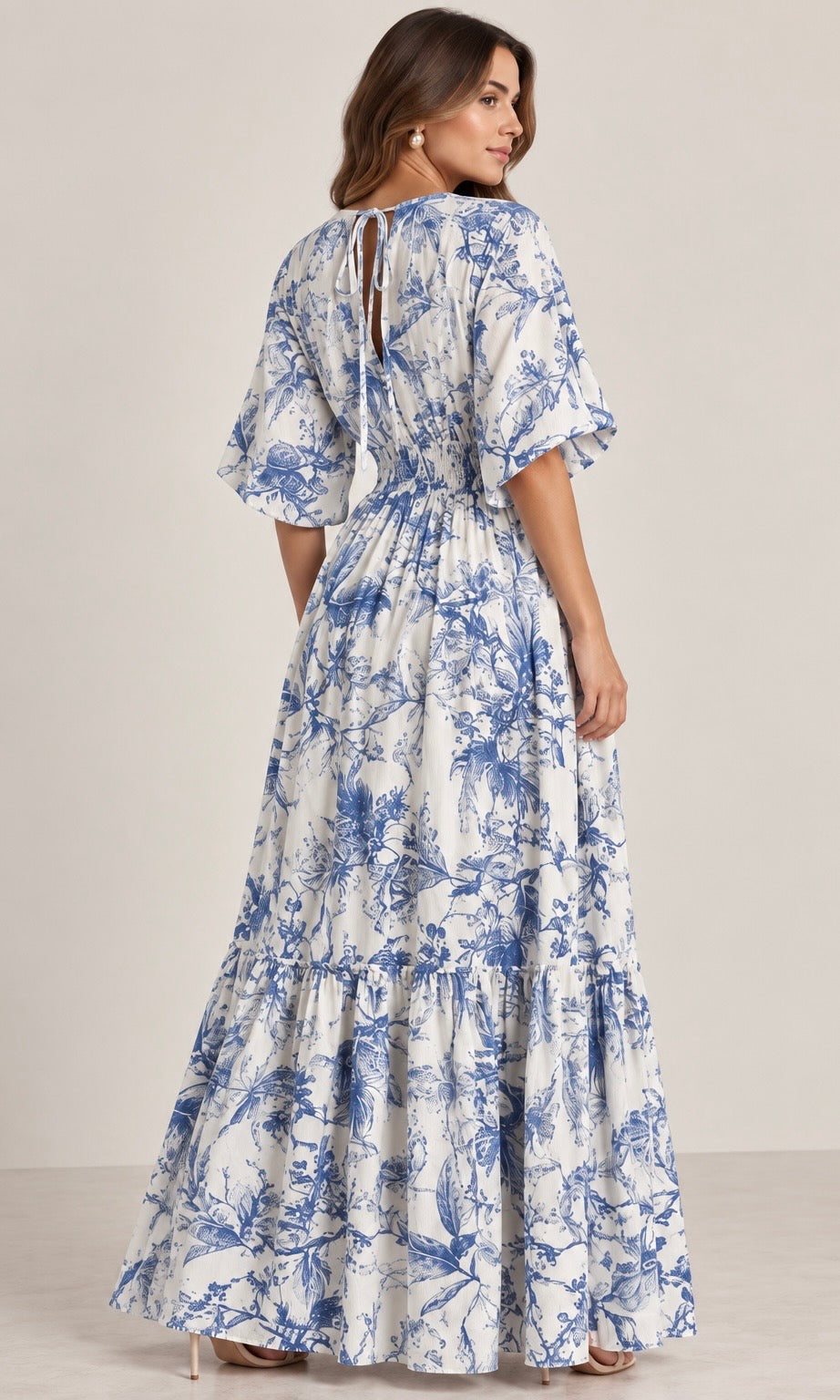 Long Floral Dress with V-Neck and 3/4 Sleeves