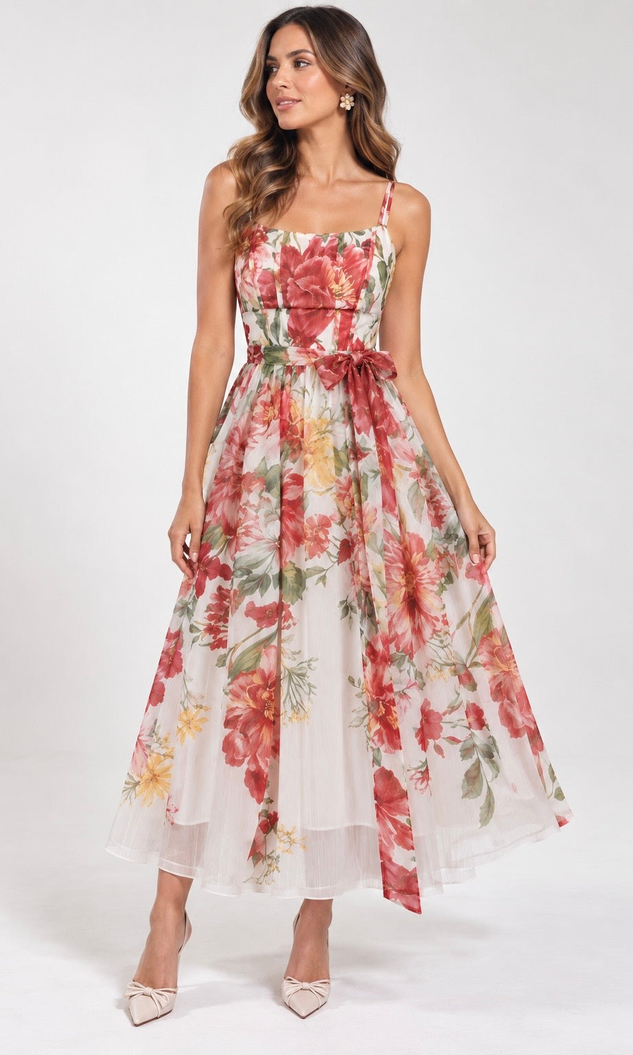 Floral Midi Dress with Straps and Waist Tie