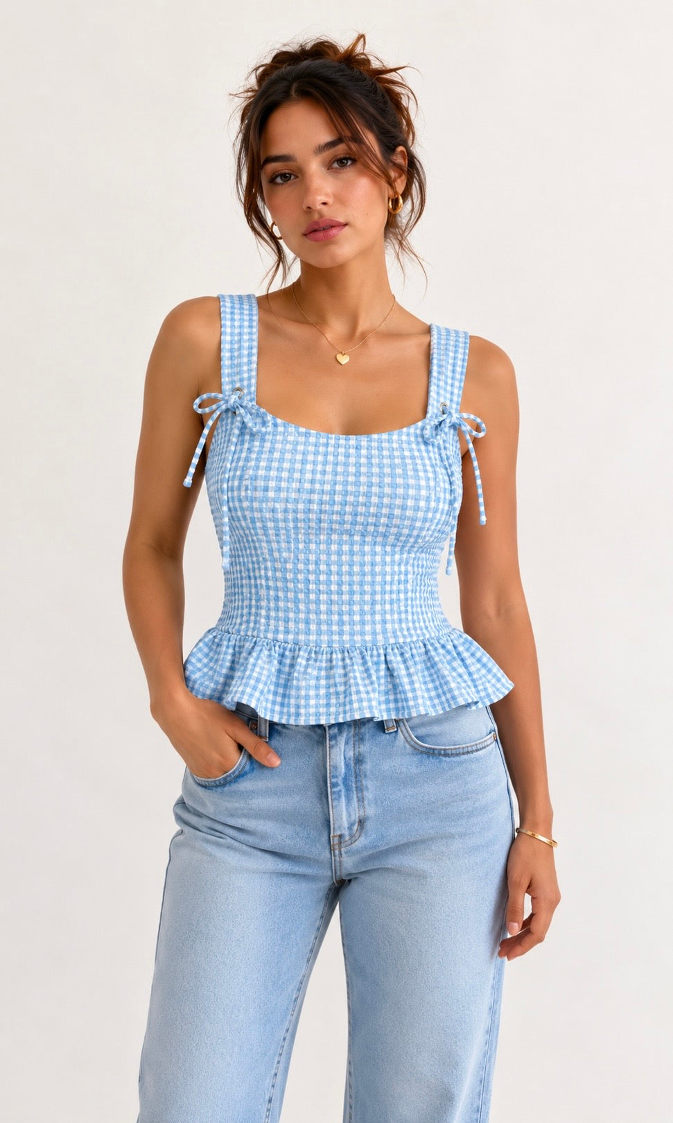Gingham Peplum Top with Tie Straps