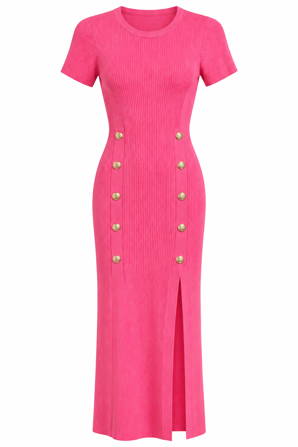 Pink Ribbed Knit Midi Dress with Gold Buttons