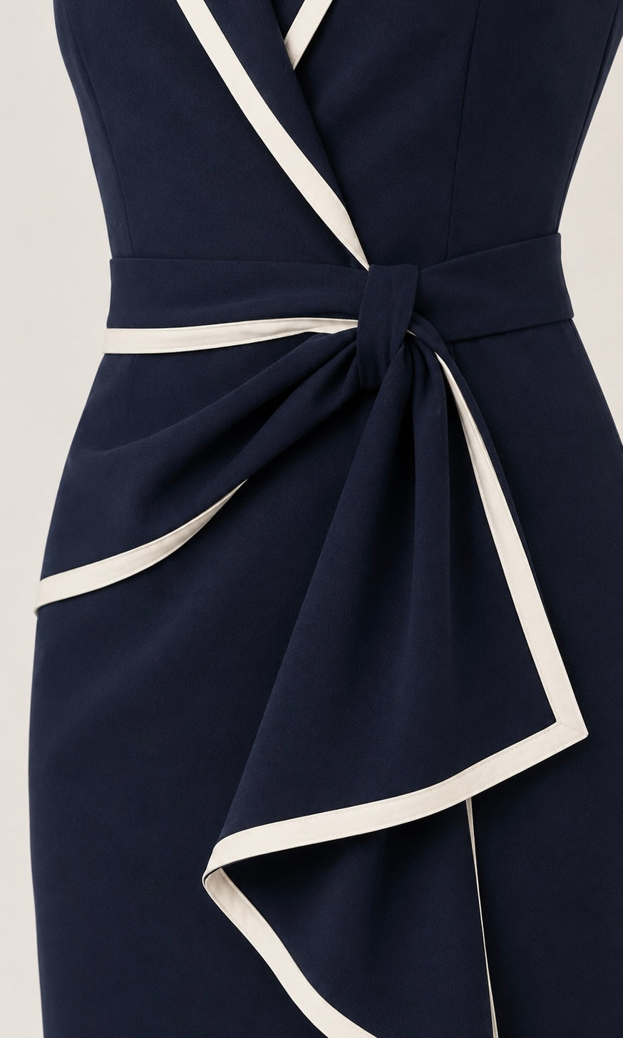Navy Blue Wrap Midi Dress with Contrast Trim