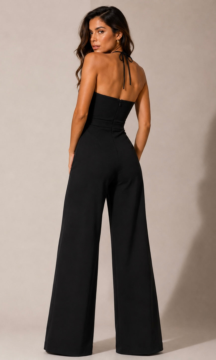 Black Wide-Leg Halter Jumpsuit with Contrast Bust Detail