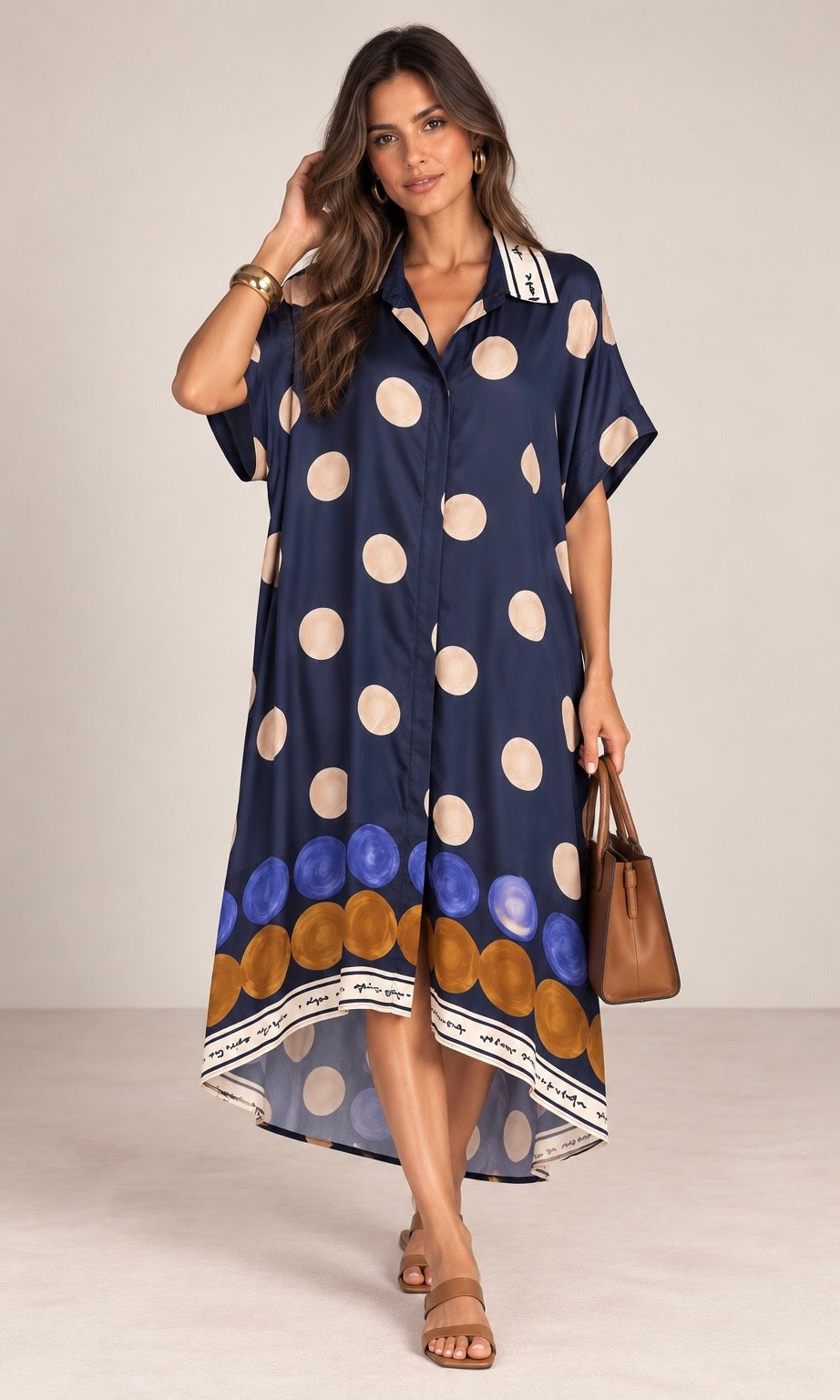 Printed Midi Shirt Dress with Contrast Collar
