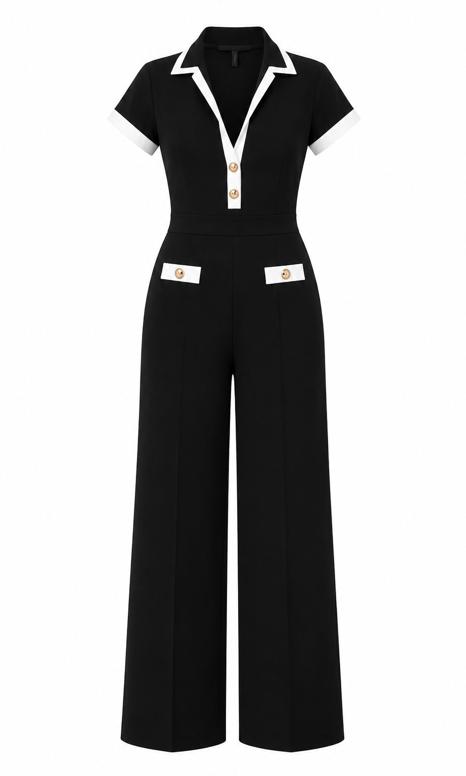 Black Wide-Leg Jumpsuit with White Contrast Trim