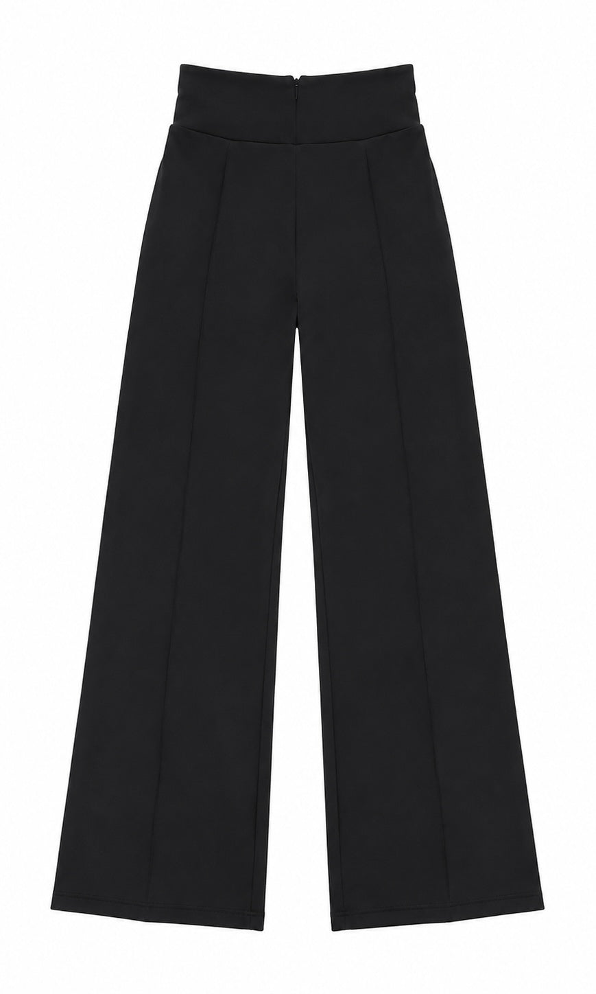 Avery Black Wide-Leg Pants with Gold Buckle