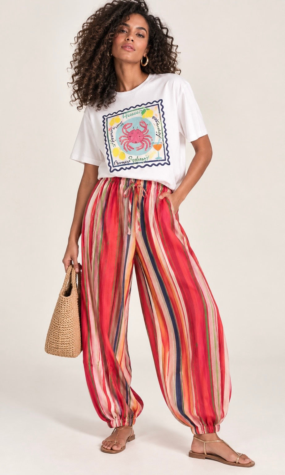 Multicolor Striped Wide-Leg Pants with Drawstring Waist