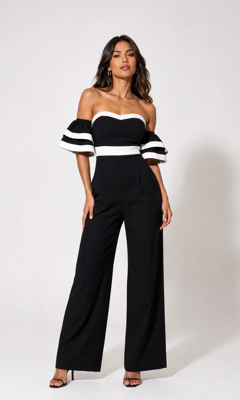Black & White Off-Shoulder Wide-Leg Jumpsuit