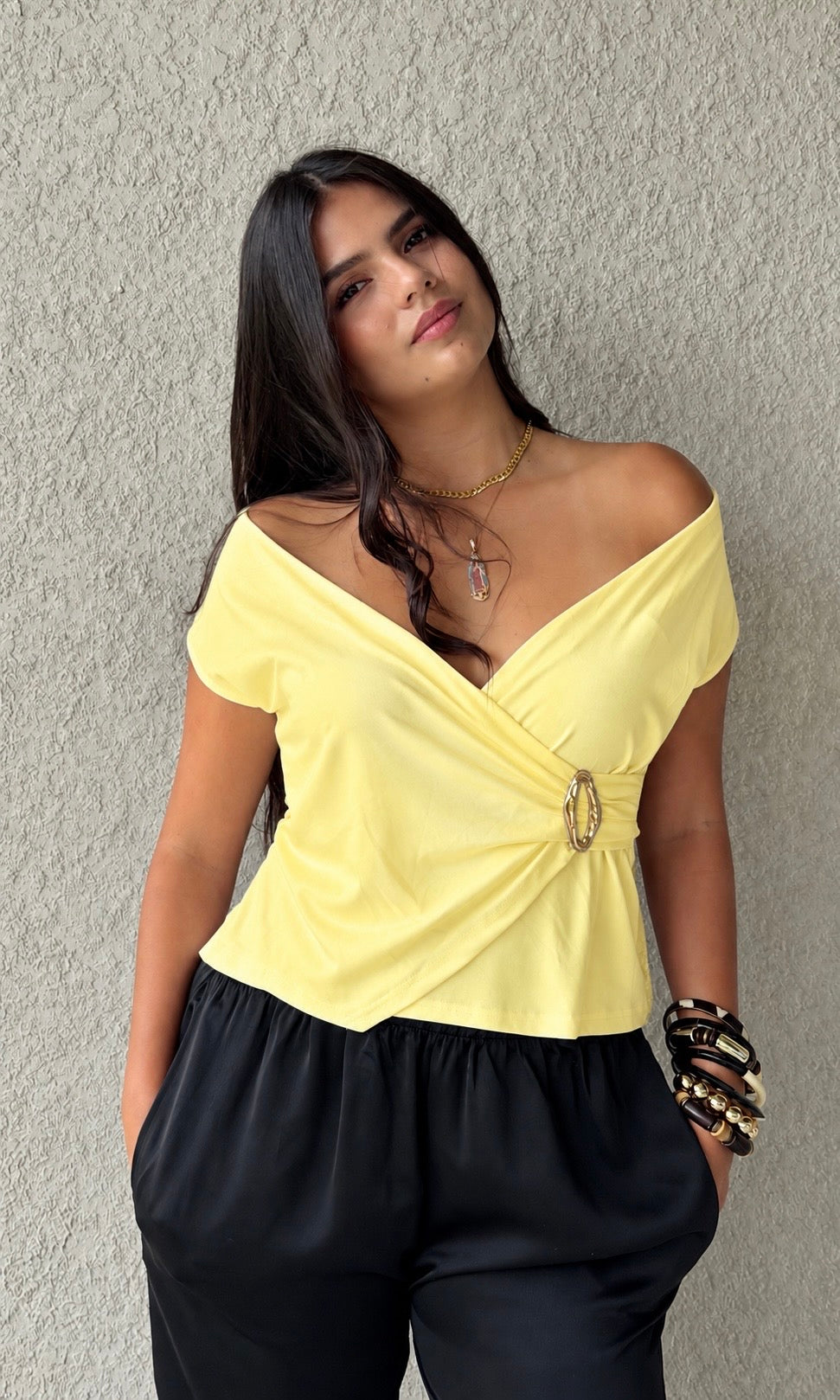 Wrap Top with Gold Buckle Waist Detail