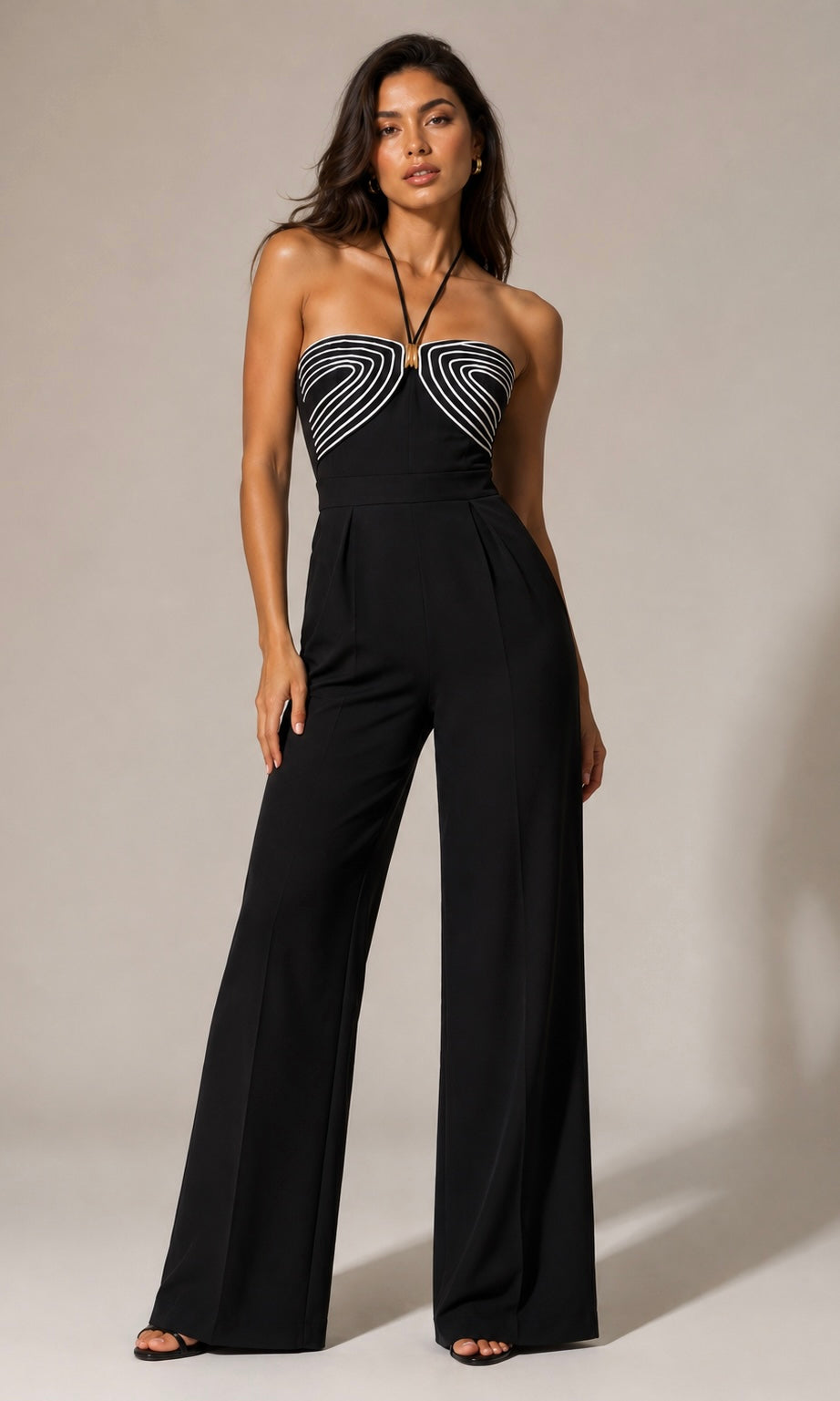 Black Wide-Leg Halter Jumpsuit with Contrast Bust Detail