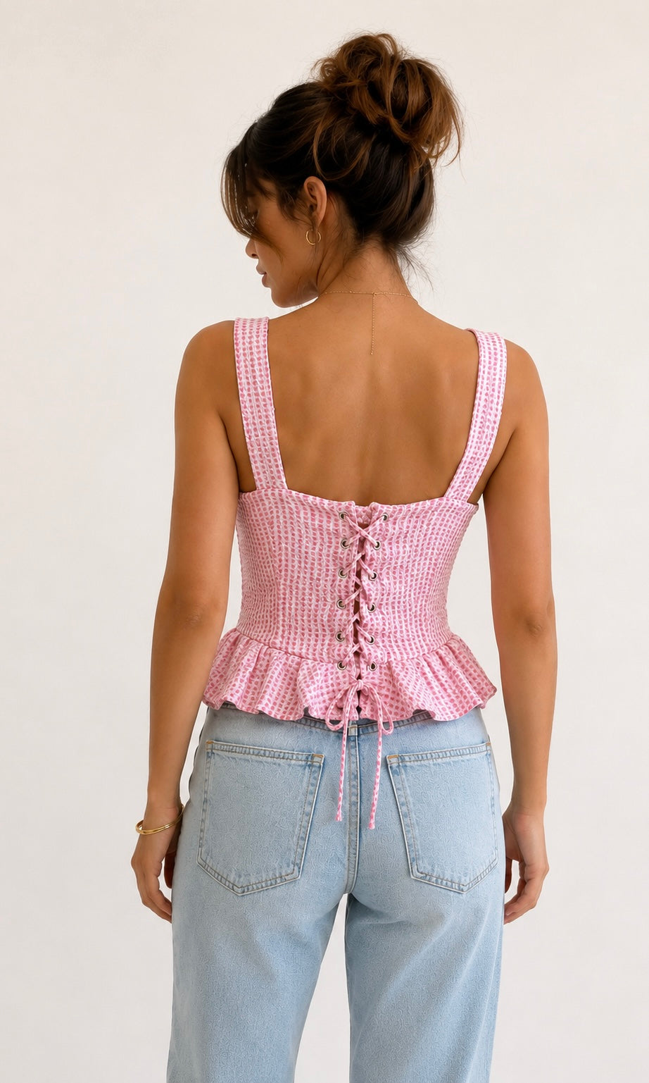 Gingham Peplum Top with Tie Straps