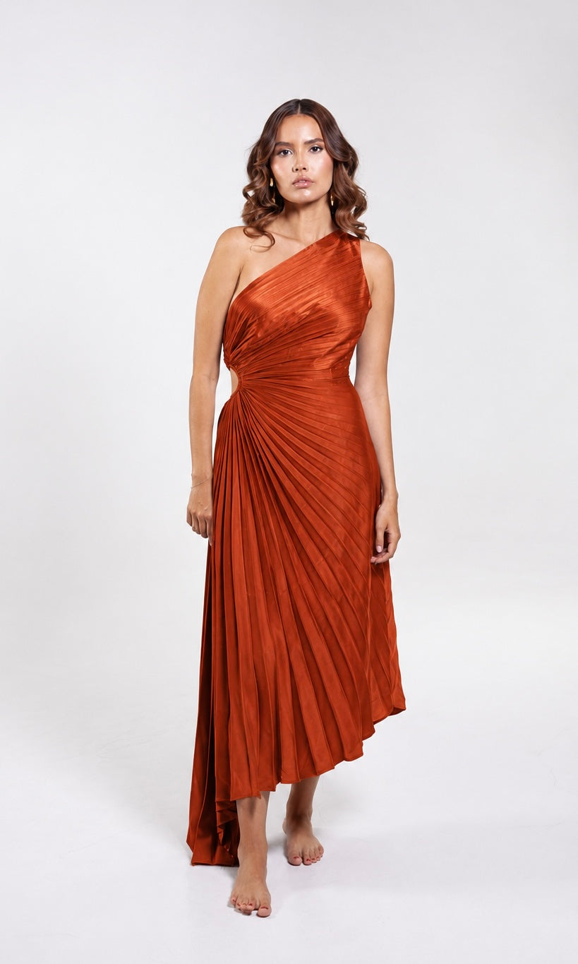 Asymmetrical Pleated Midi Dress with Cut-Out