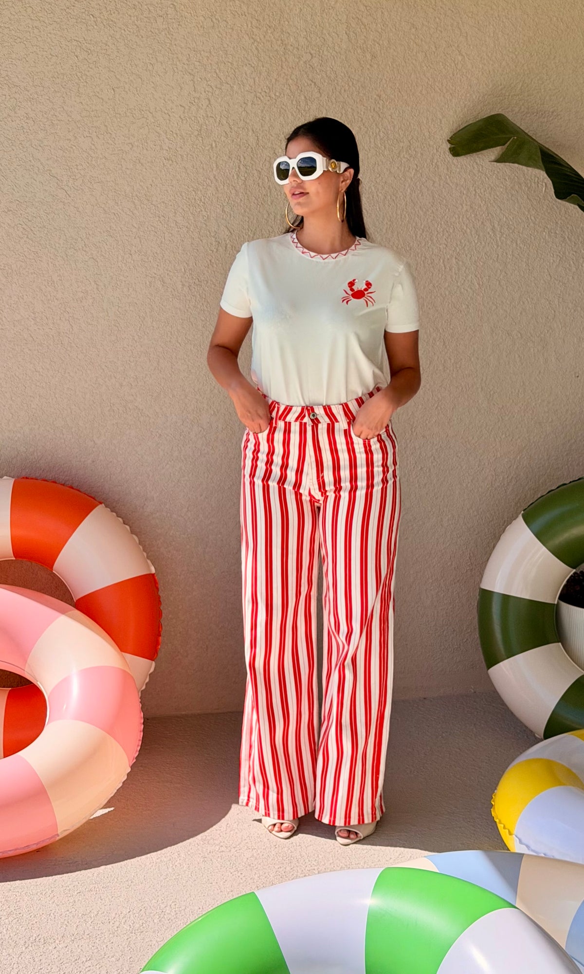 Red & White Striped Wide-Leg Jeans