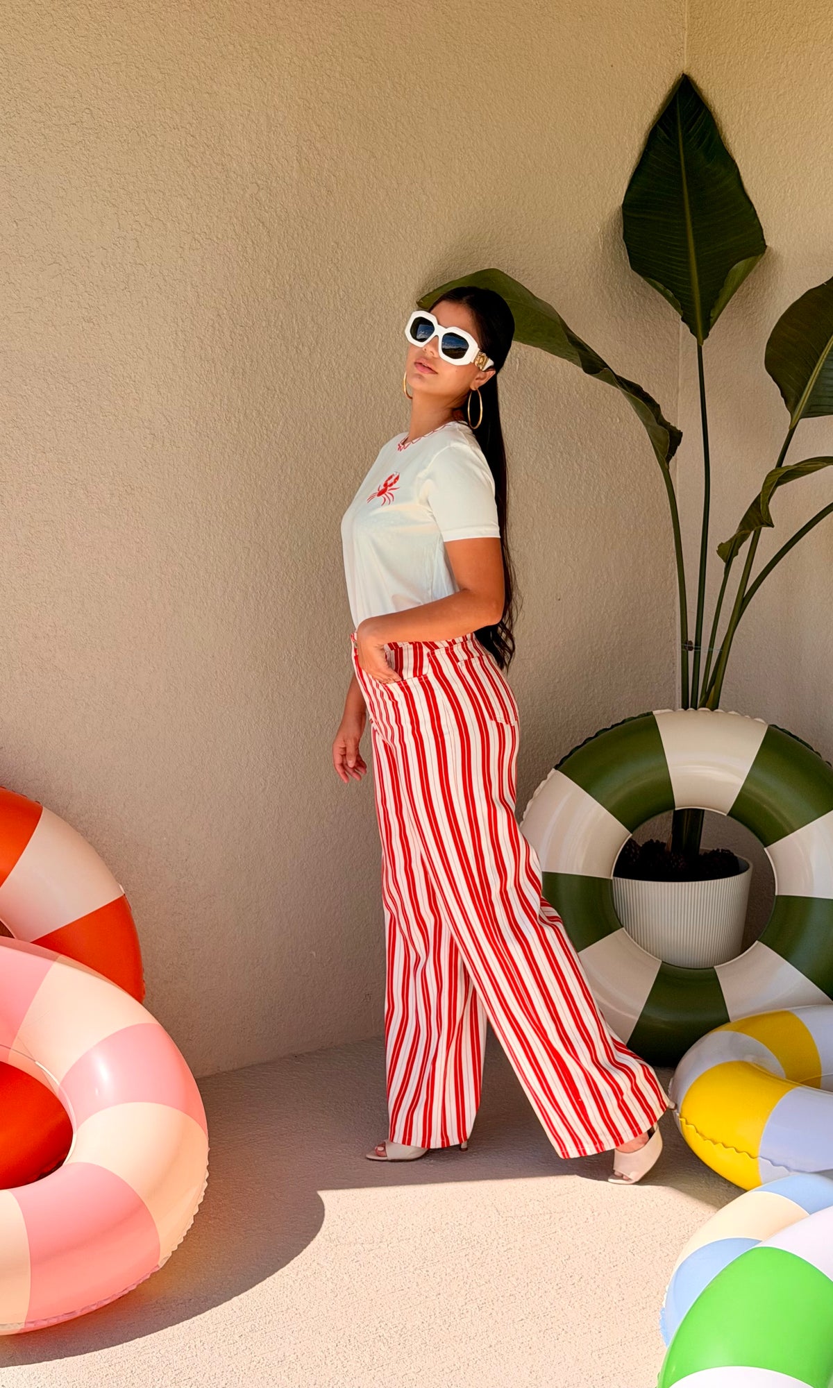 Red & White Striped Wide-Leg Jeans