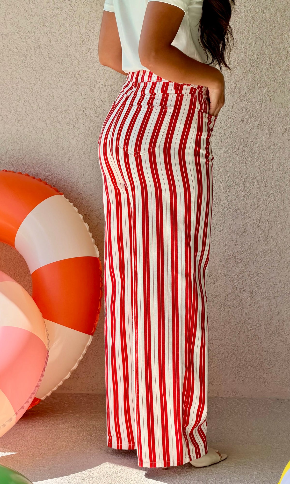 Red & White Striped Wide-Leg Jeans