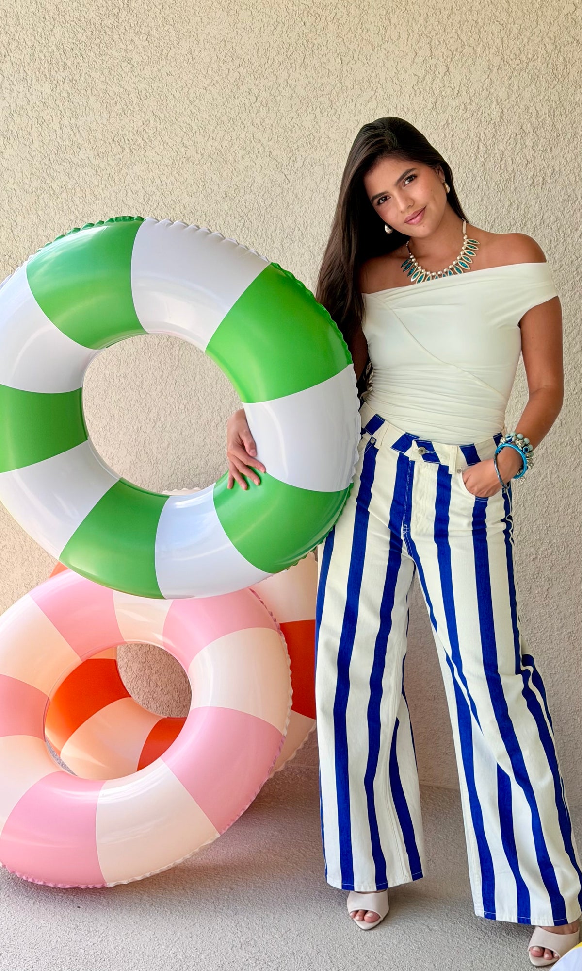 Blue & White Striped Wide-Leg Jeans