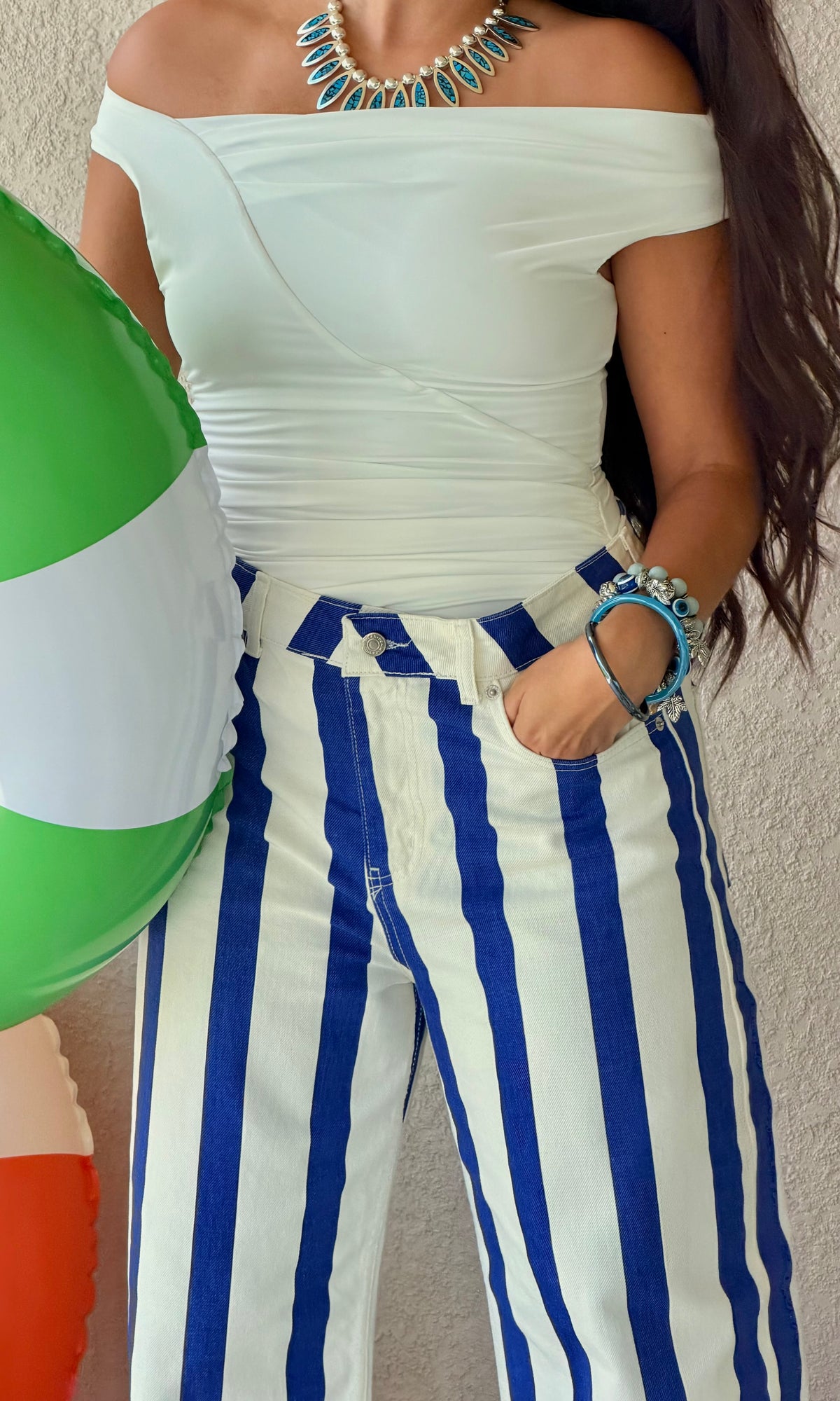 Blue & White Striped Wide-Leg Jeans
