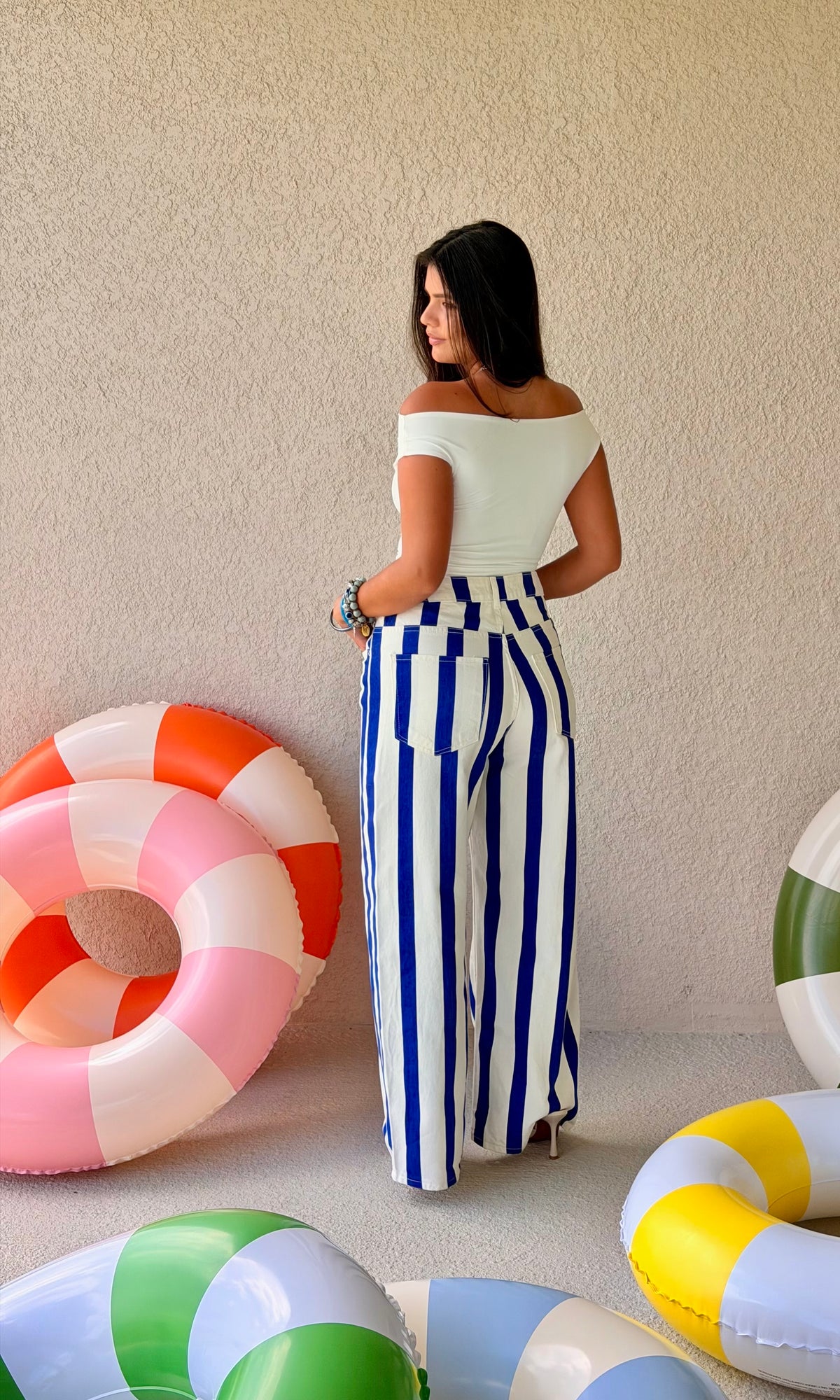 Blue & White Striped Wide-Leg Jeans