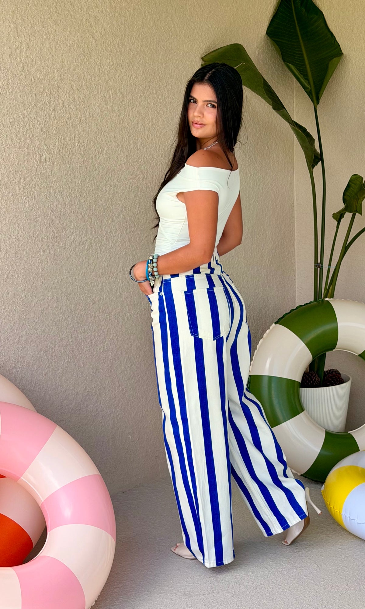 Blue & White Striped Wide-Leg Jeans