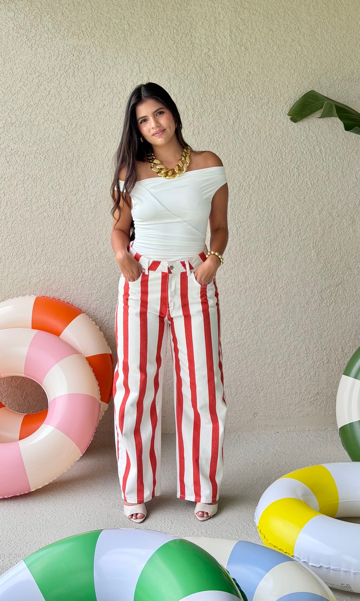 Brick Red & White Striped Wide-Leg Jeans