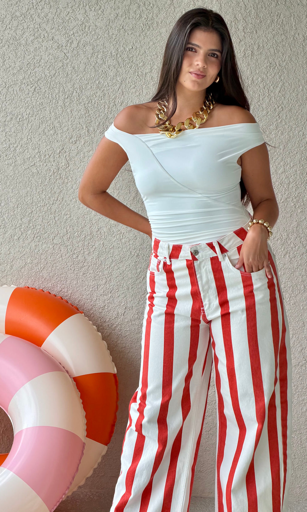 Brick Red & White Striped Wide-Leg Jeans