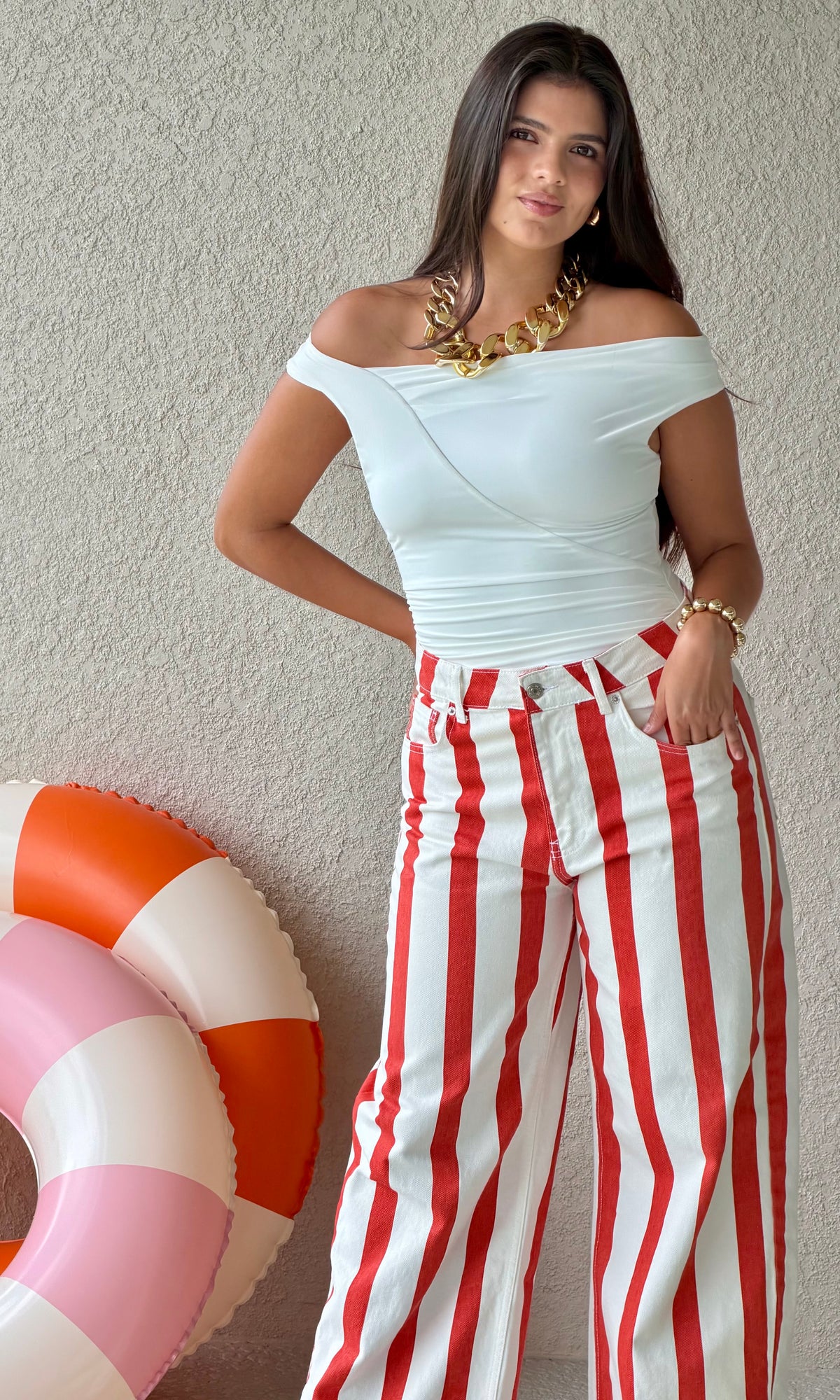 Brick Red & White Striped Wide-Leg Jeans
