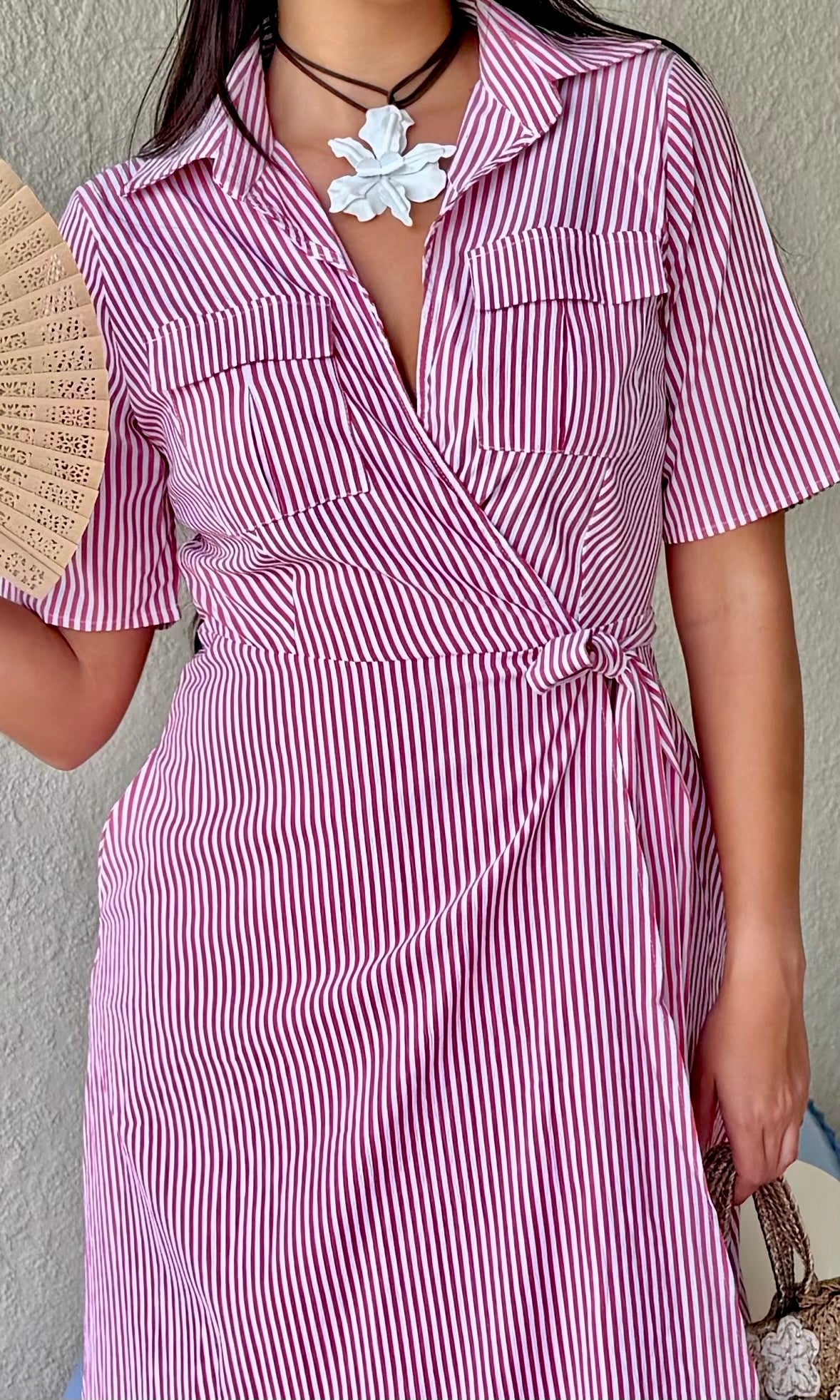 Red & White Striped Wrap Midi Dress