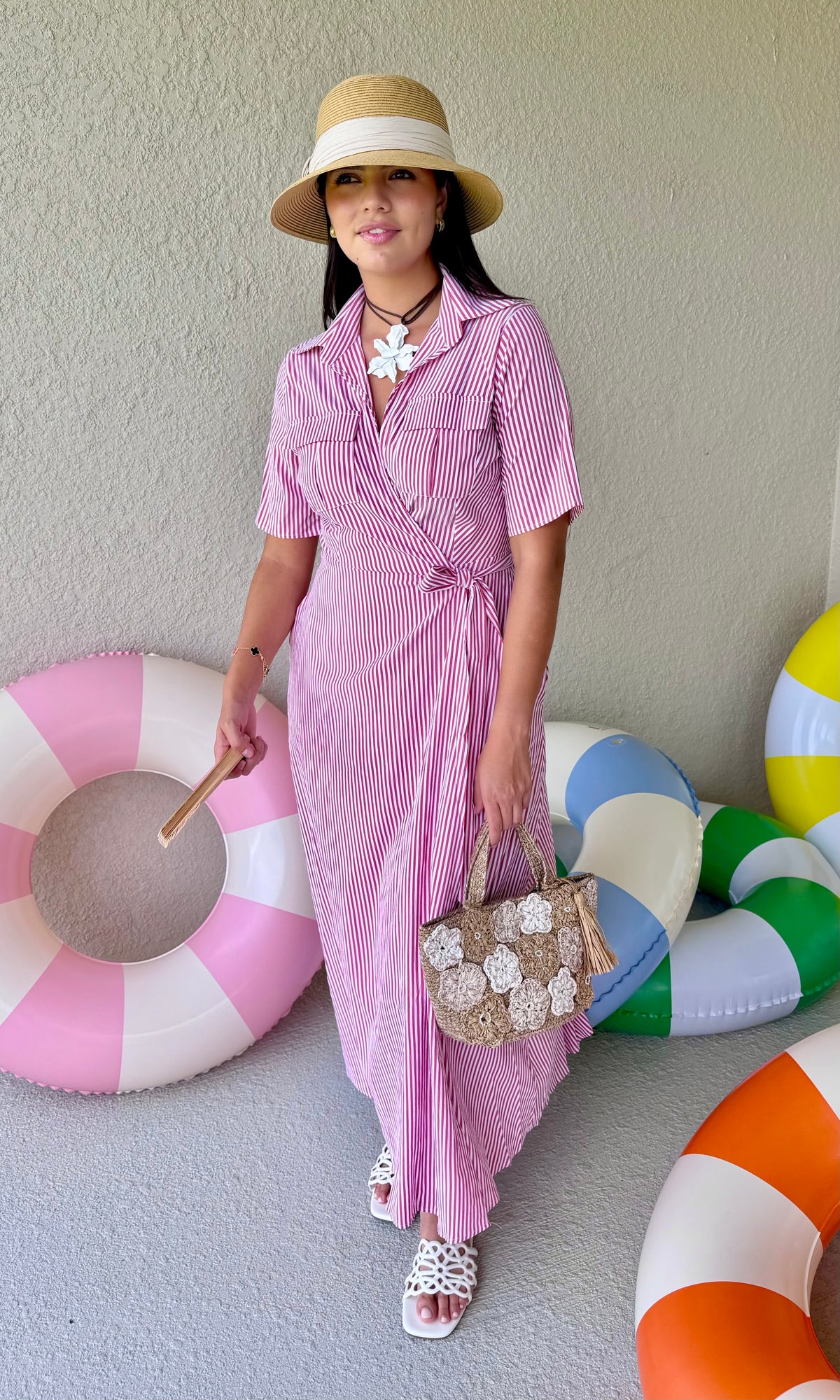 Red & White Striped Wrap Midi Dress