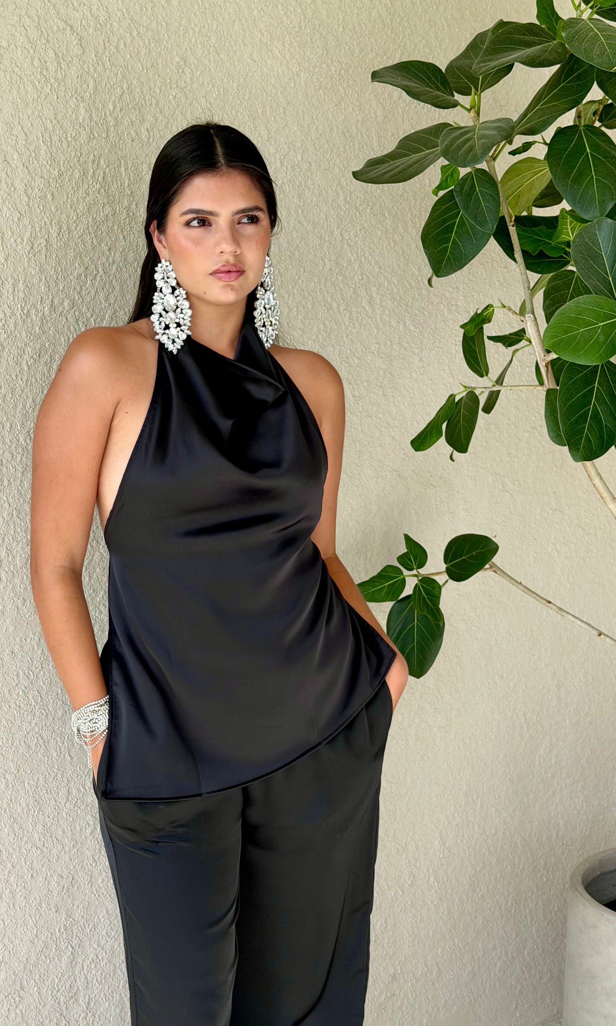 Black Satin Halter Top & Wide-Leg Pants Set