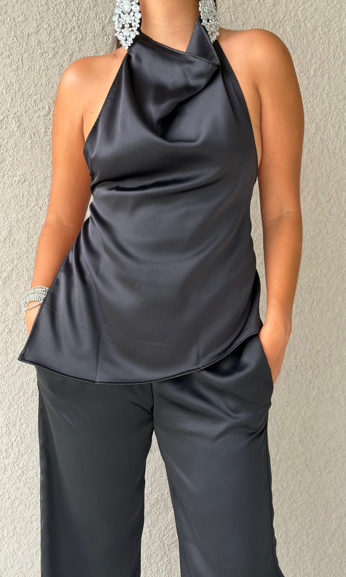 Black Satin Halter Top & Wide-Leg Pants Set