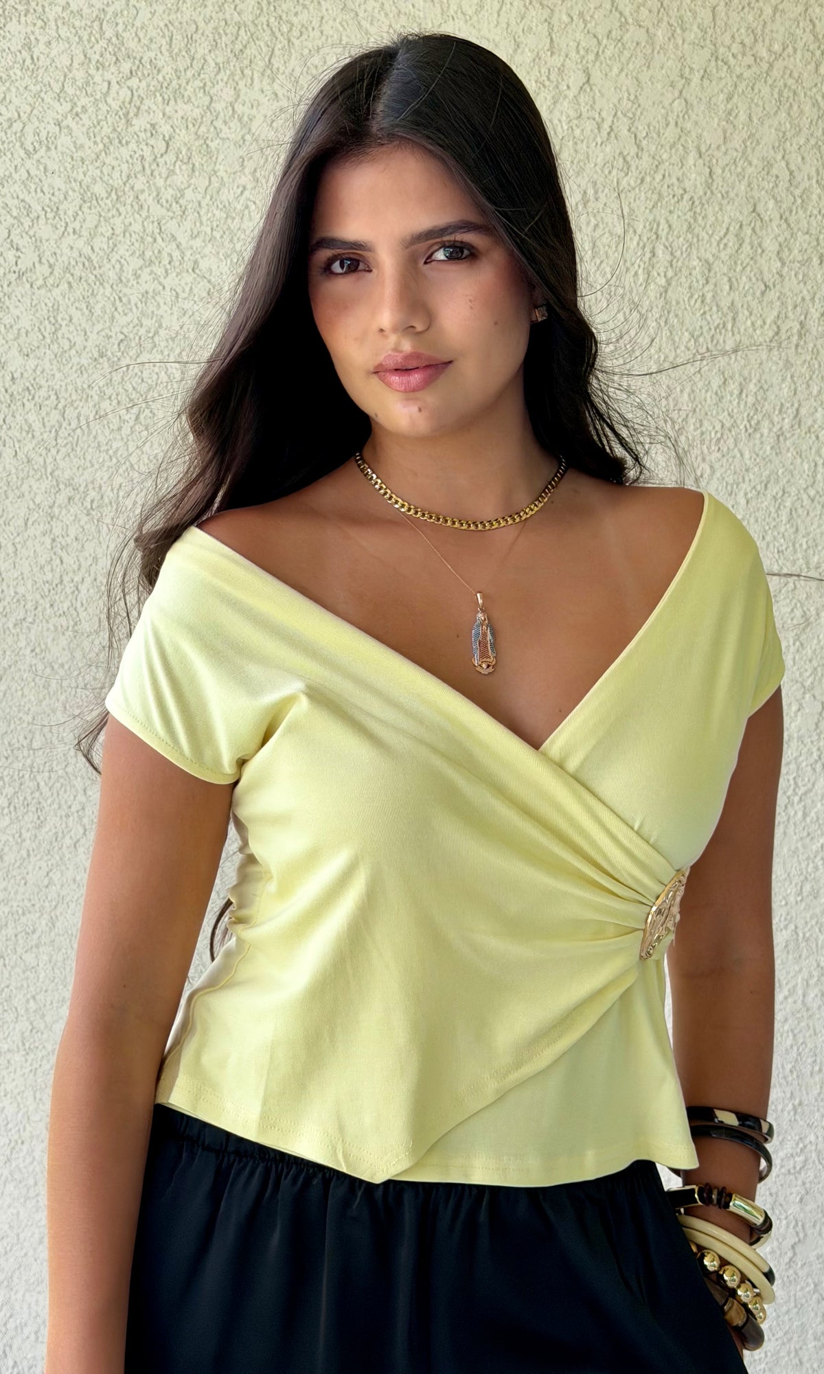 Wrap Top with Gold Buckle Waist Detail