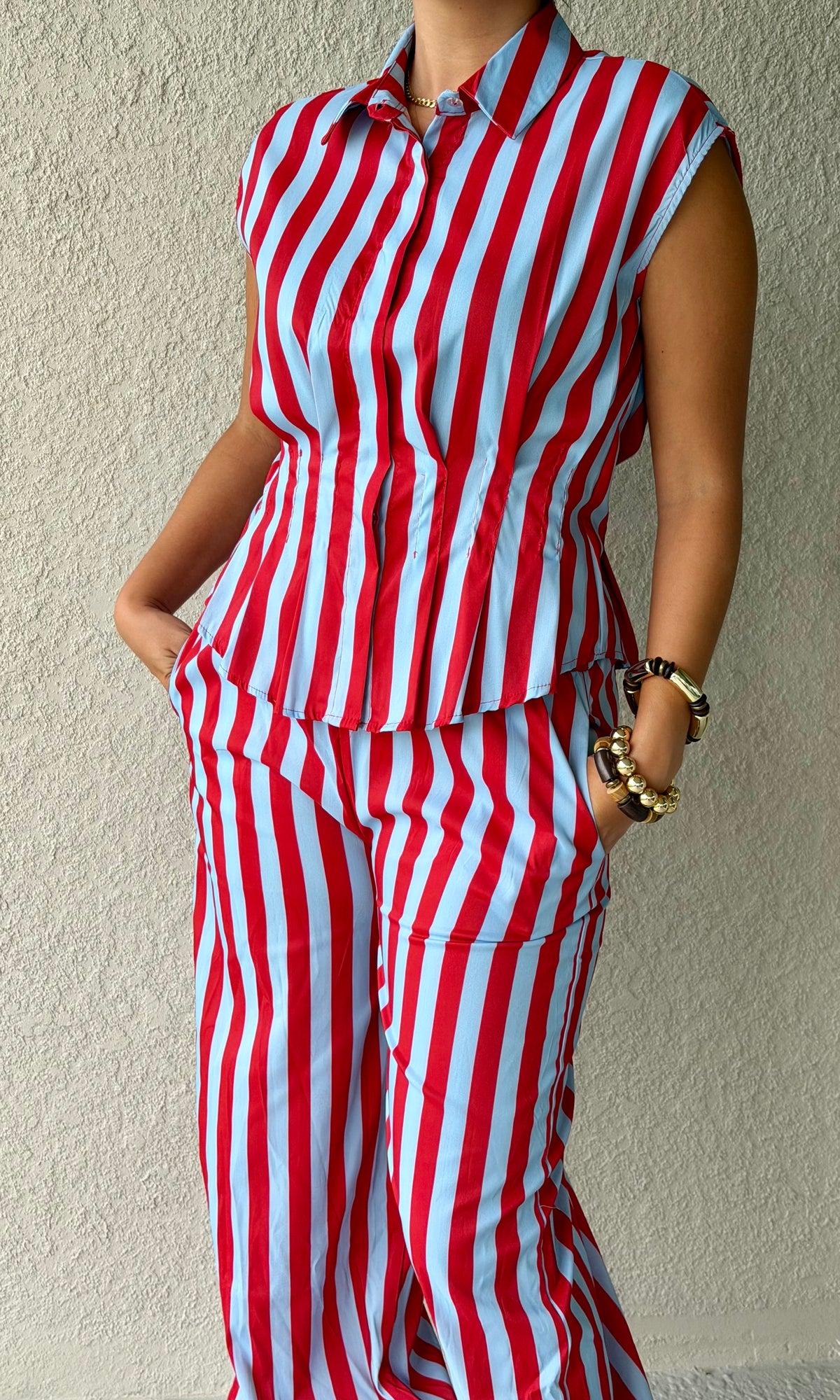 Striped Balloon-Leg Jumpsuit with Collared Top