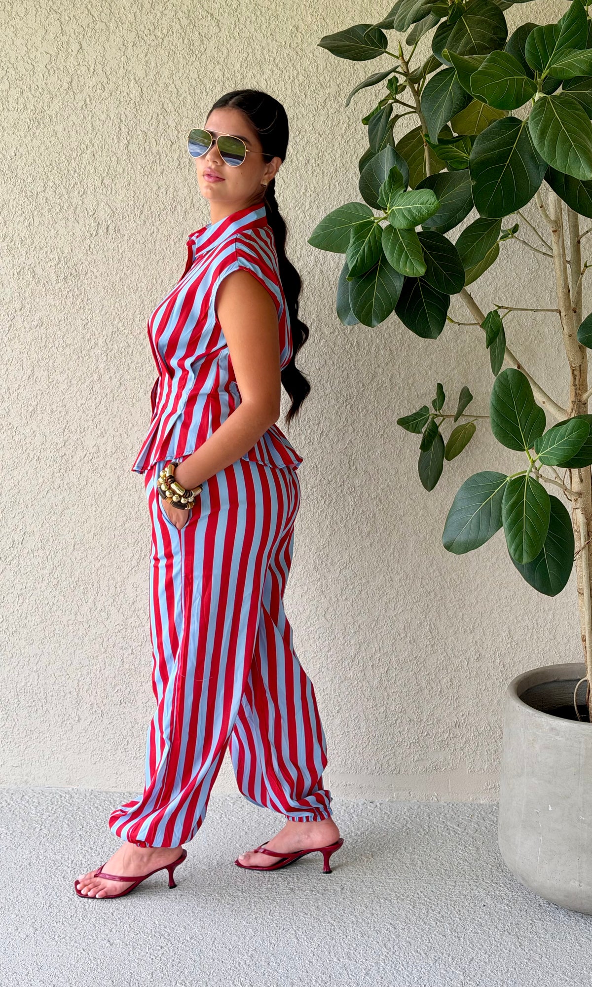 Striped Balloon-Leg Jumpsuit with Collared Top