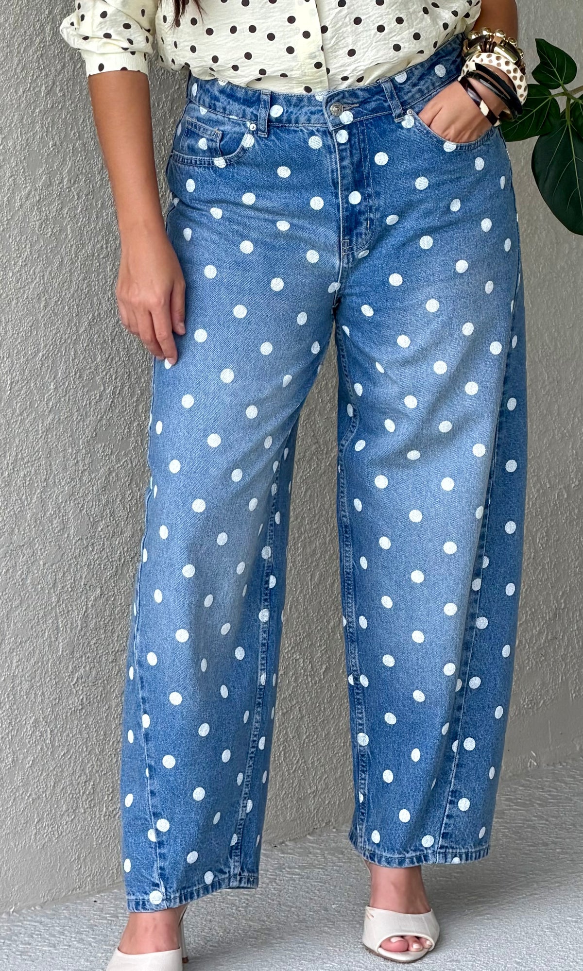 Blue Polka Dot Straight-Leg Jeans