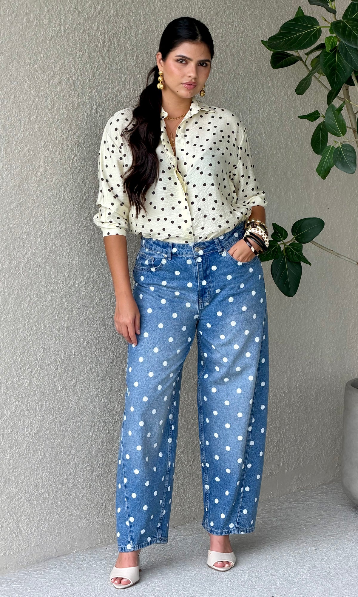 Blue Polka Dot Straight-Leg Jeans