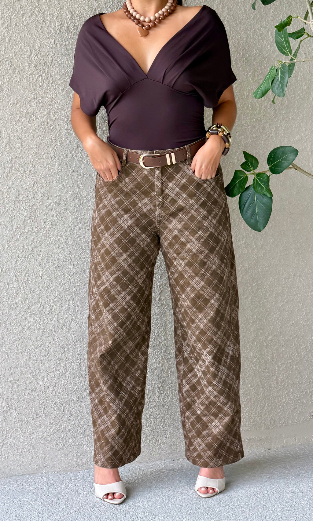 Brown Plaid Barrel Jeans