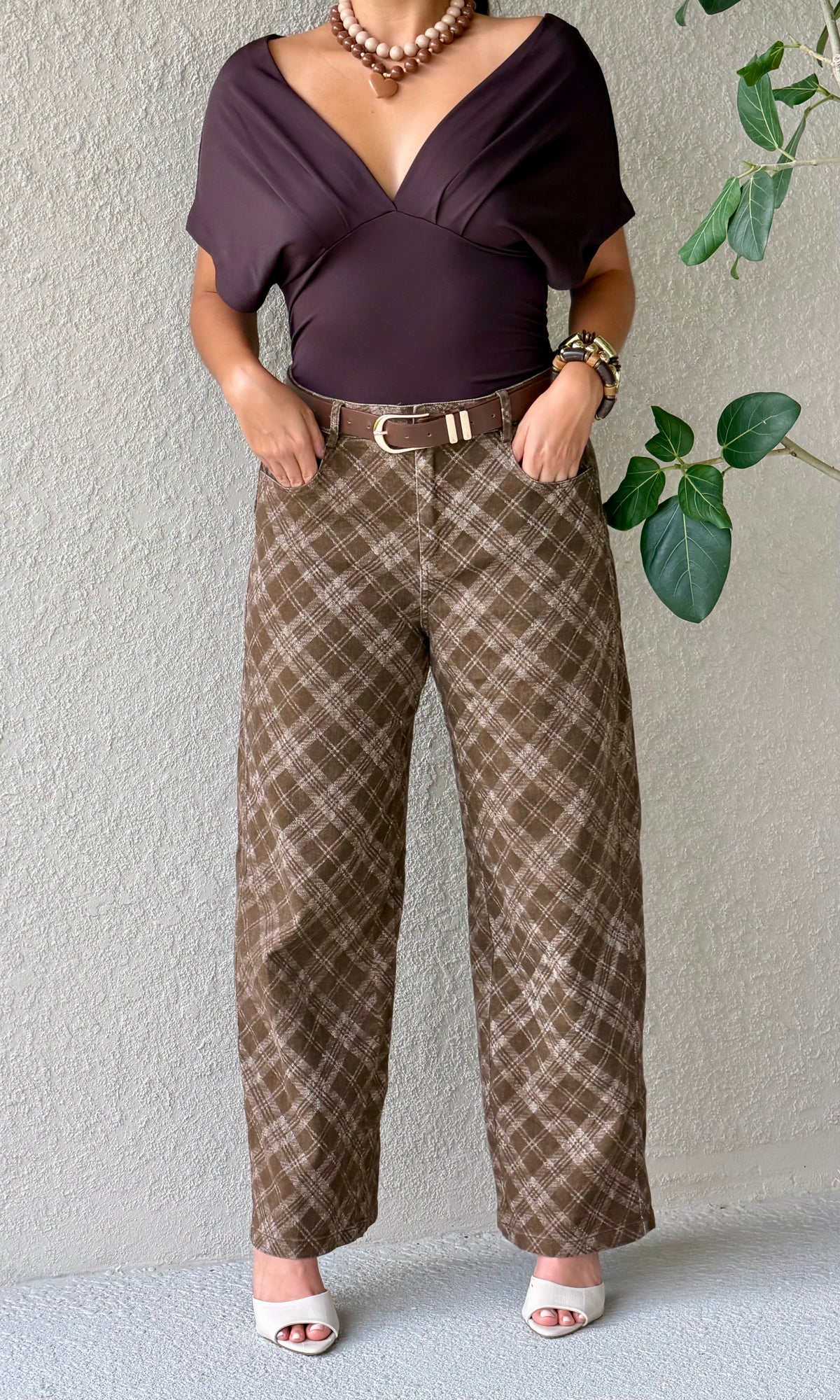 Brown Plaid Barrel Jeans