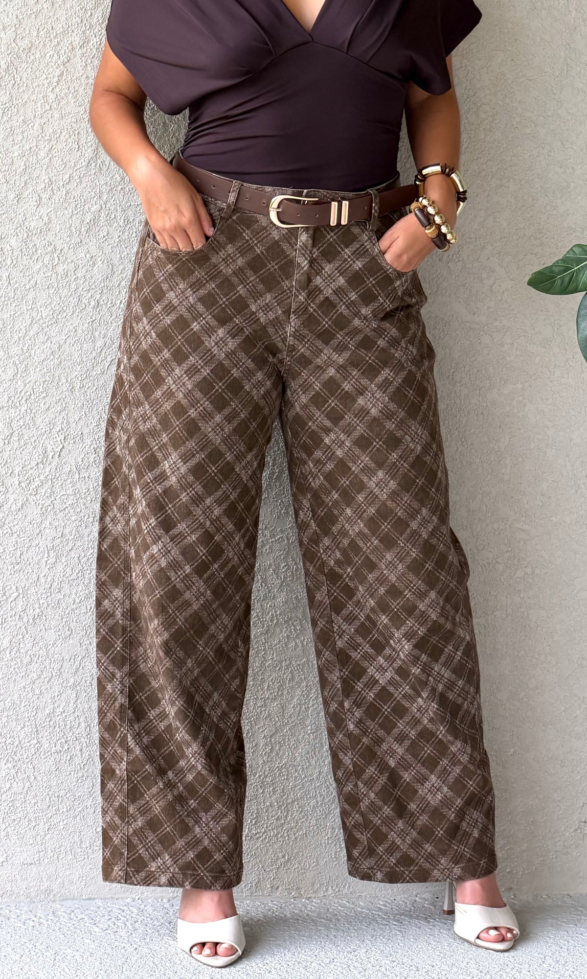 Brown Plaid Barrel Jeans