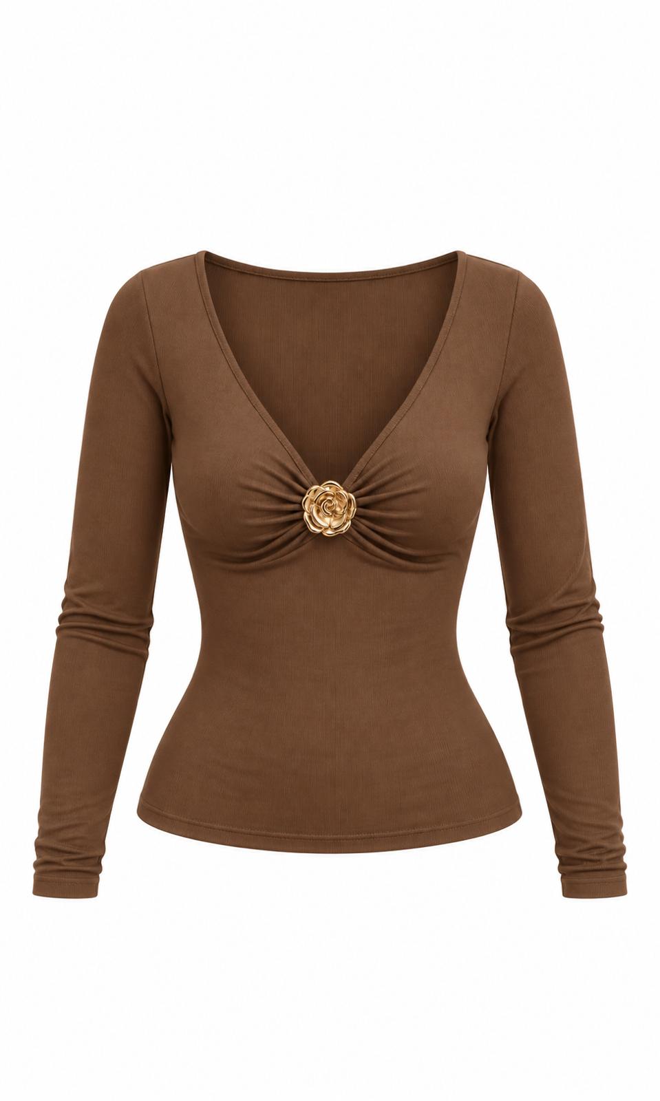 Ruched Blouse with Floral Brooch
